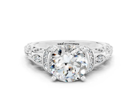 White gold Round Cut Moissanite Solitaire Ring with Filigree Band and Four-Prong Setting_24