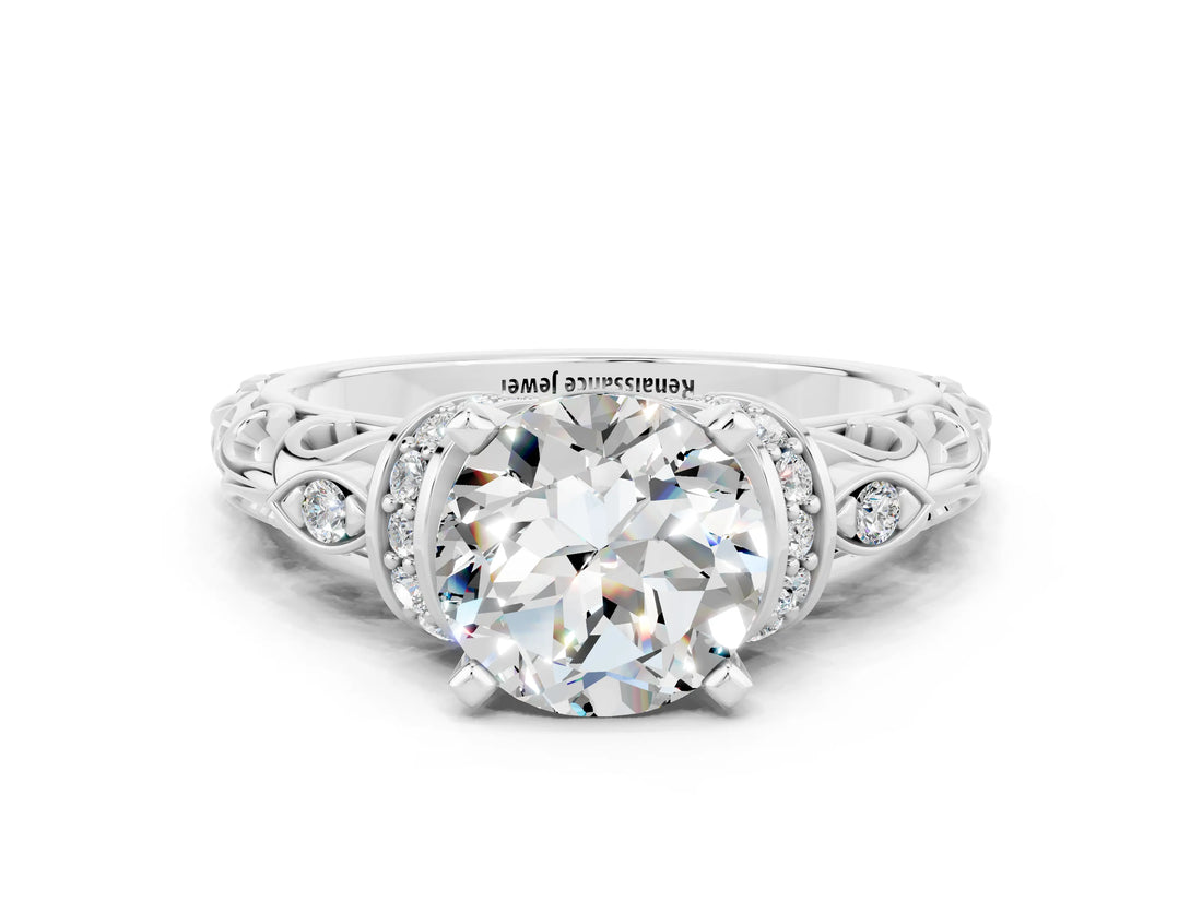 White gold Round Cut Moissanite Solitaire Ring with Filigree Band and Four-Prong Setting_24
