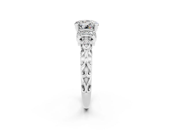 White gold Round Cut Moissanite Solitaire Ring with Filigree Band and Four-Prong Setting