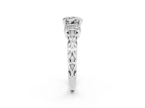 White gold Round Cut Moissanite Solitaire Ring with Filigree Band and Four-Prong Setting_26