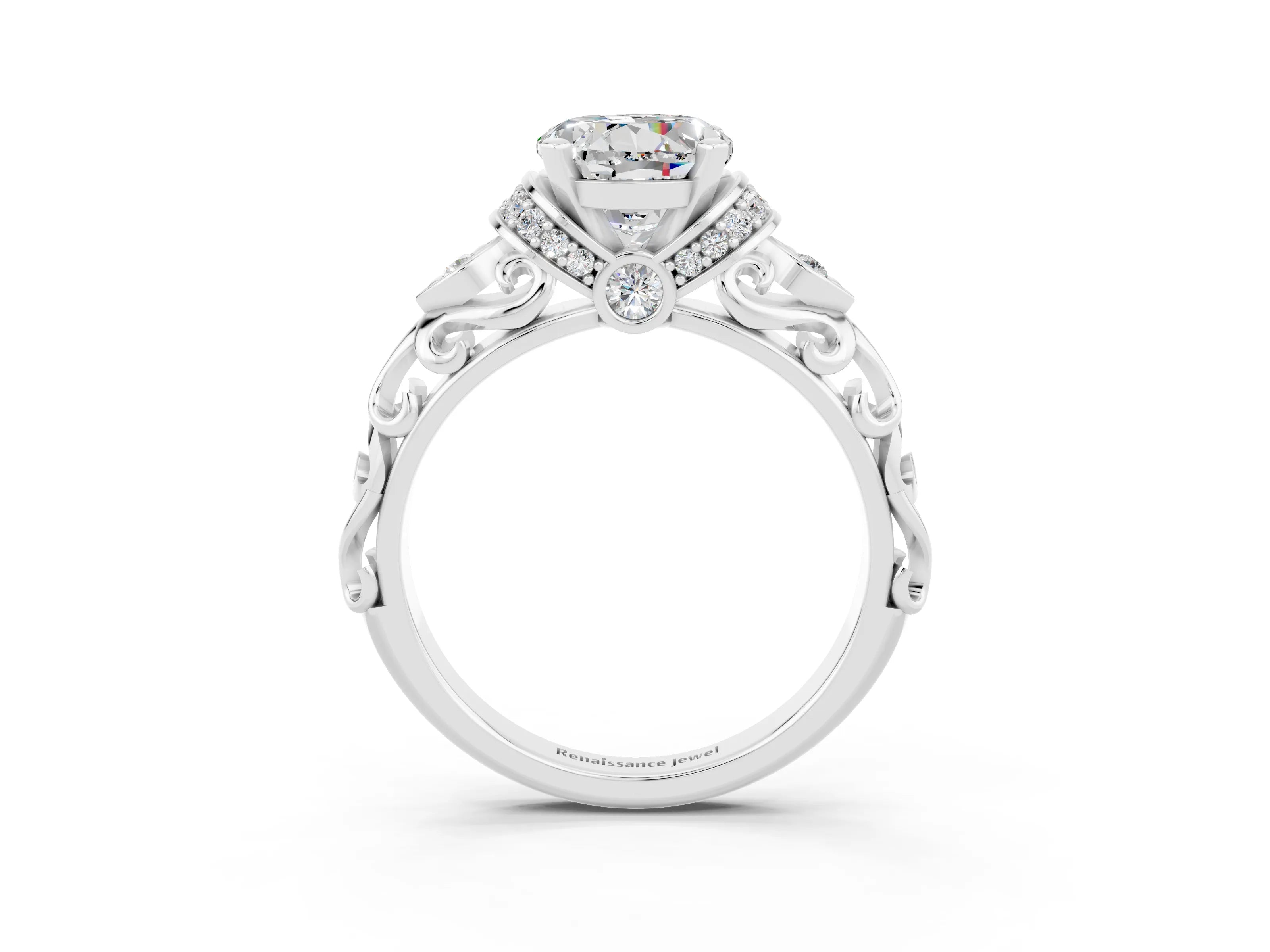 White gold Round Cut Moissanite Solitaire Ring with Filigree Band and Four-Prong Setting_27
