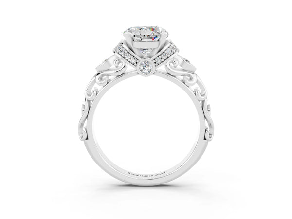 White gold Round Cut Moissanite Solitaire Ring with Filigree Band and Four-Prong Setting