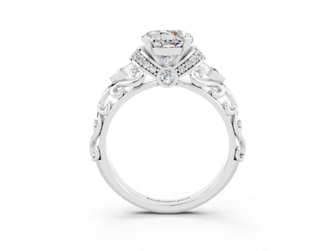 White gold Round Cut Moissanite Solitaire Ring with Filigree Band and Four-Prong Setting_27