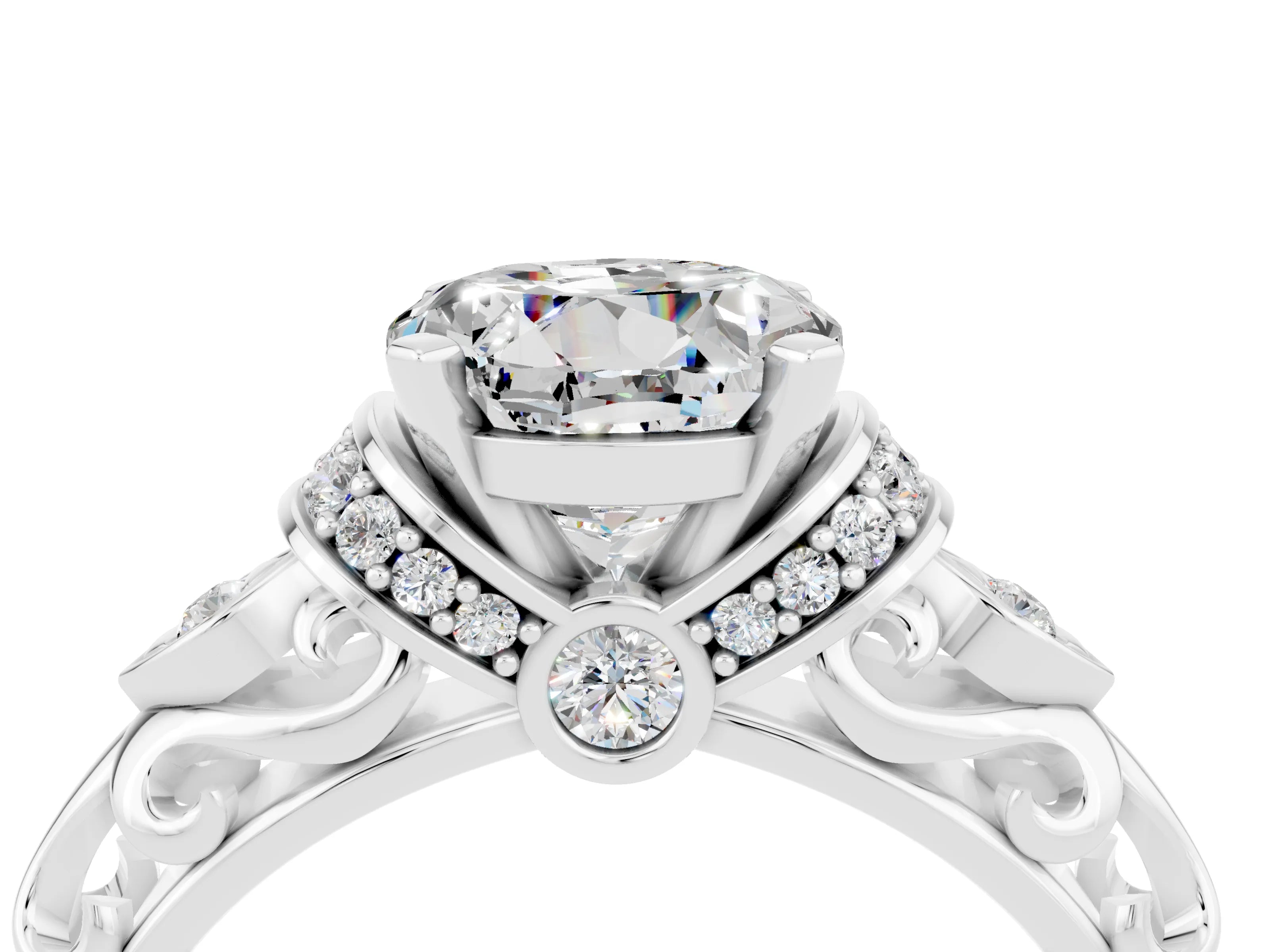 White gold Round Cut Moissanite Solitaire Ring with Filigree Band and Four-Prong Setting_28