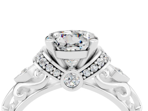 White gold Round Cut Moissanite Solitaire Ring with Filigree Band and Four-Prong Setting_28