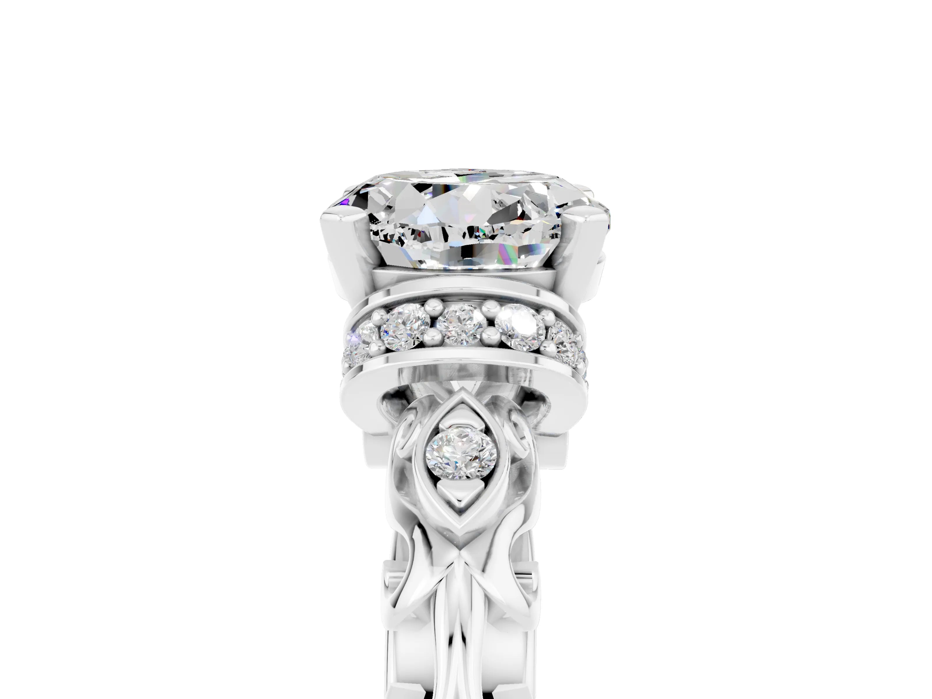 White gold Round Cut Moissanite Solitaire Ring with Filigree Band and Four-Prong Setting_29