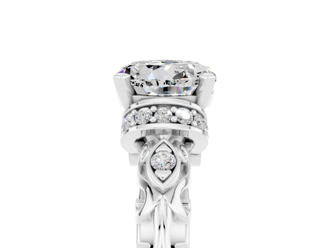 White gold Round Cut Moissanite Solitaire Ring with Filigree Band and Four-Prong Setting_29