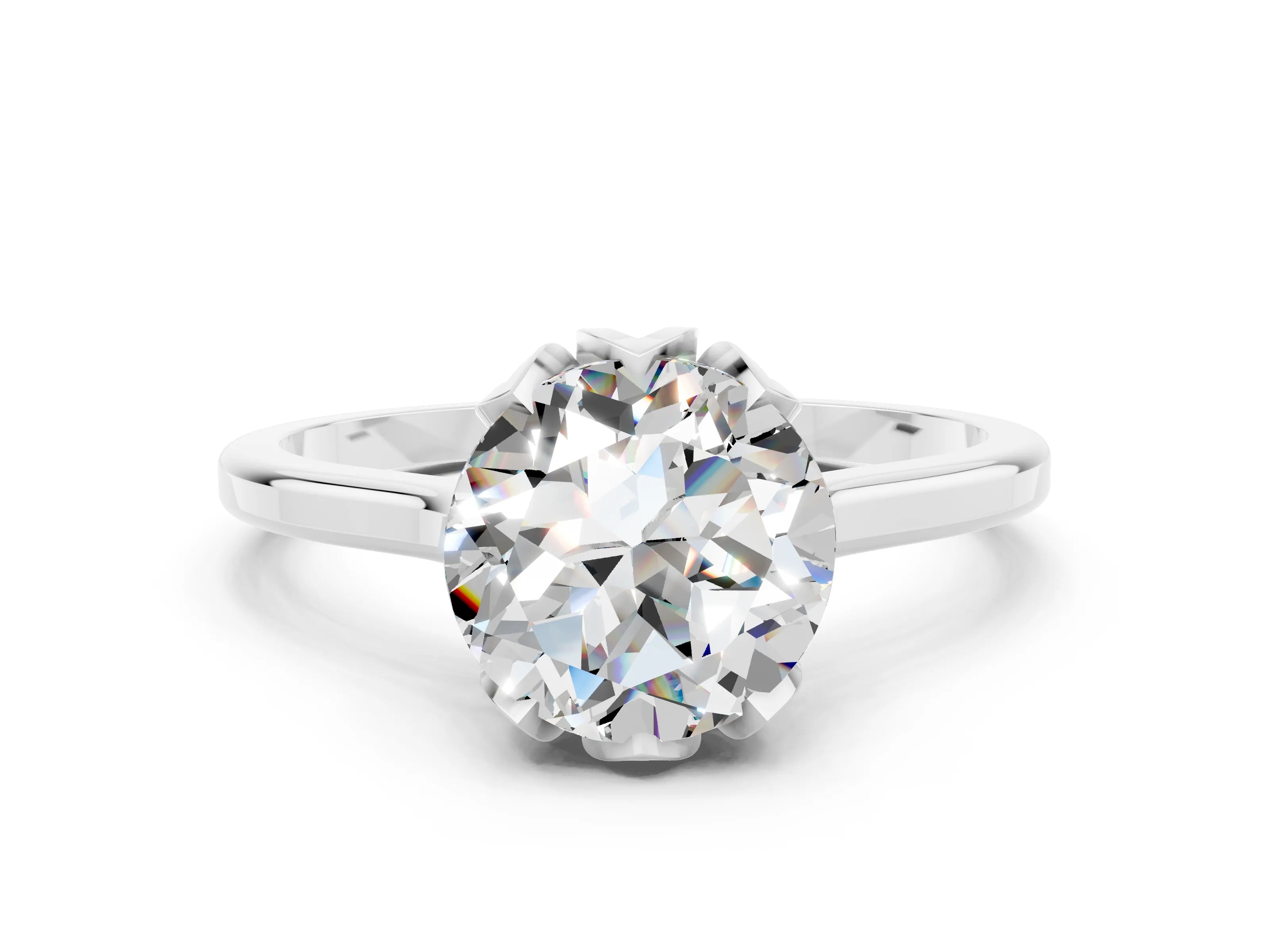 White gold Round Cut Moissanite Solitaire Ring with Flower Prong Setting and Classic Band_12