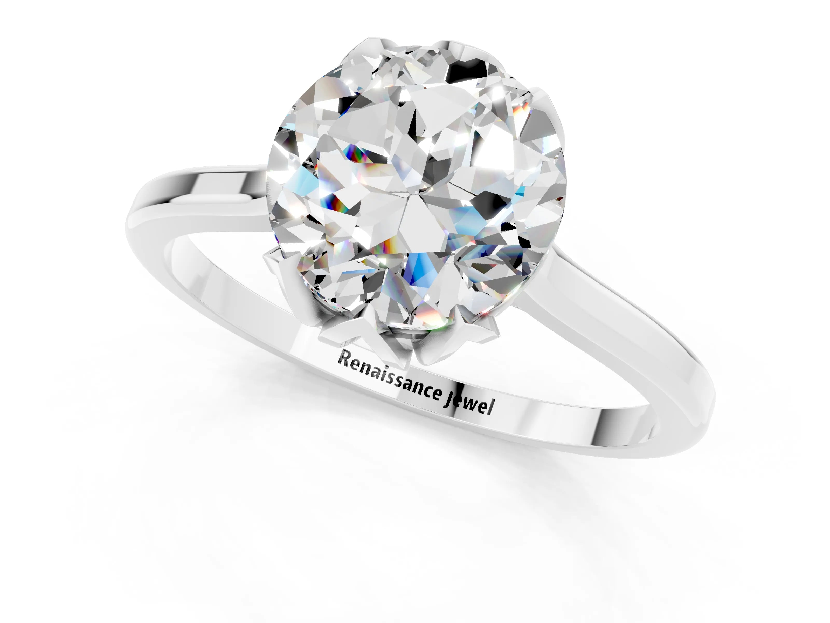 White gold Round Cut Moissanite Solitaire Ring with Flower Prong Setting and Classic Band_13