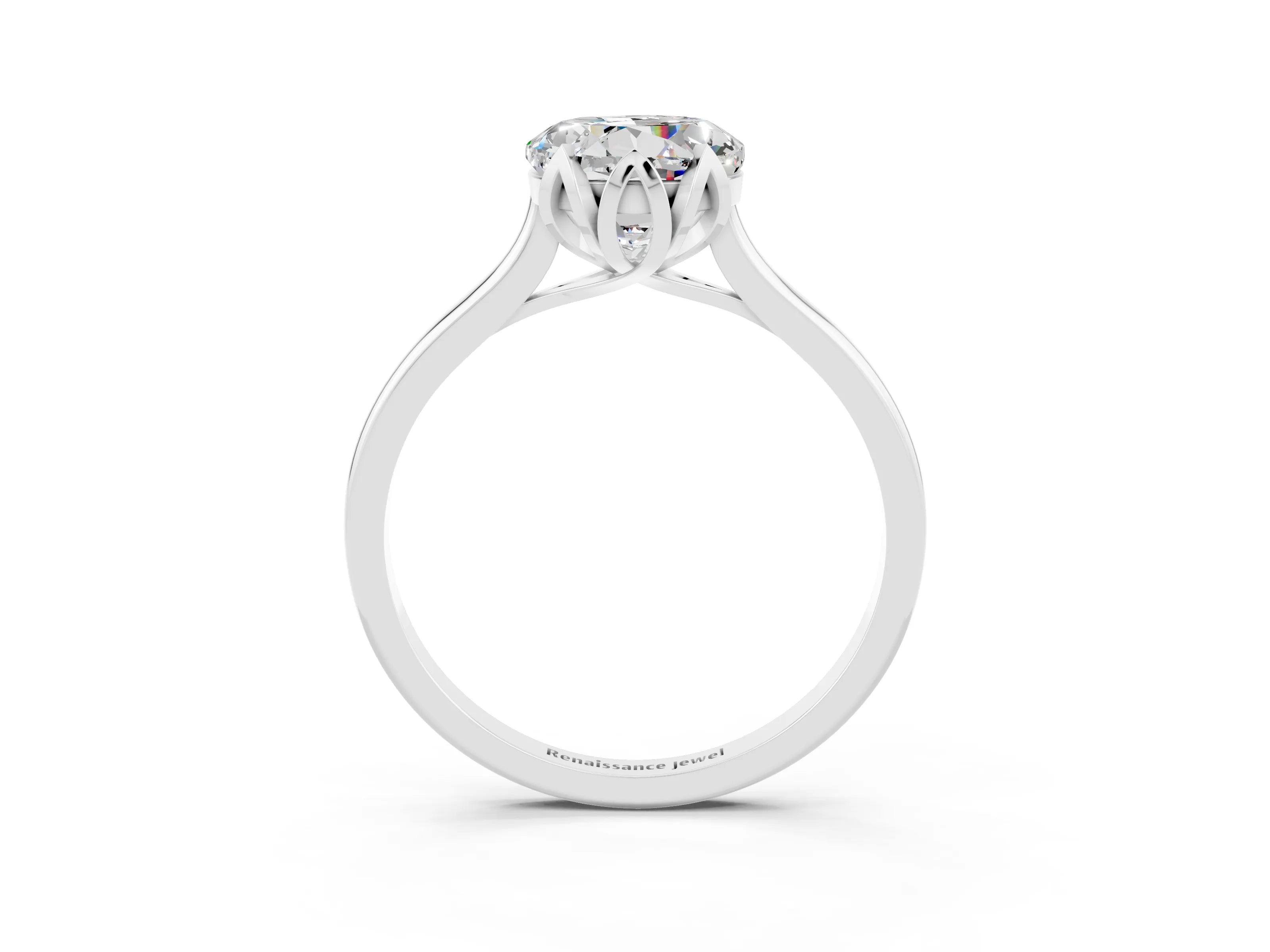 White gold Round Cut Moissanite Solitaire Ring with Flower Prong Setting and Classic Band_15