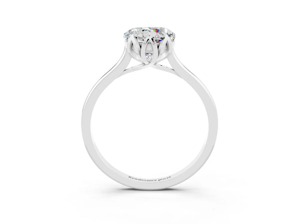 Silver Round Cut Moissanite Solitaire Ring with Flower Prong Setting and Classic Band