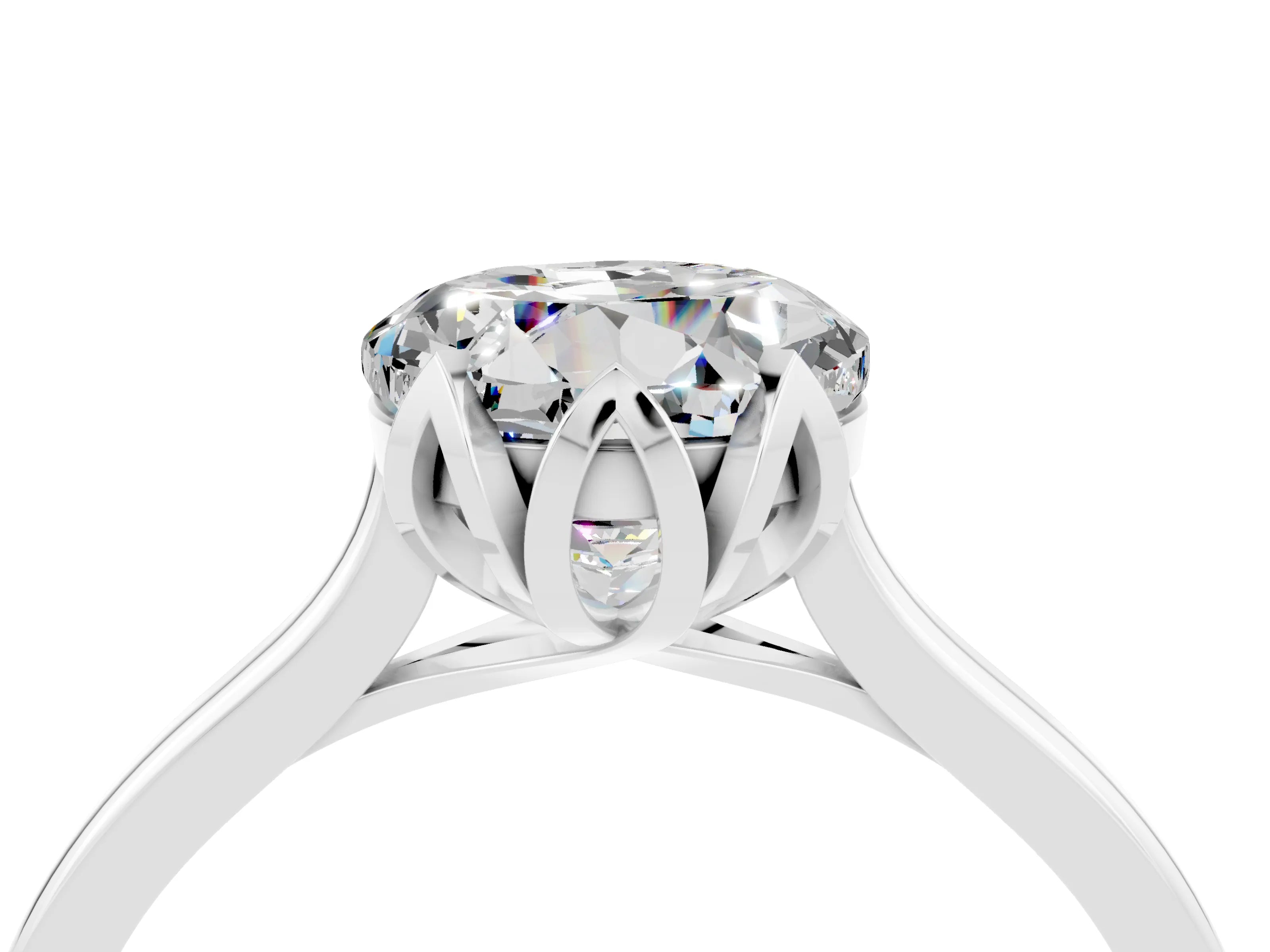 White gold Round Cut Moissanite Solitaire Ring with Flower Prong Setting and Classic Band_16