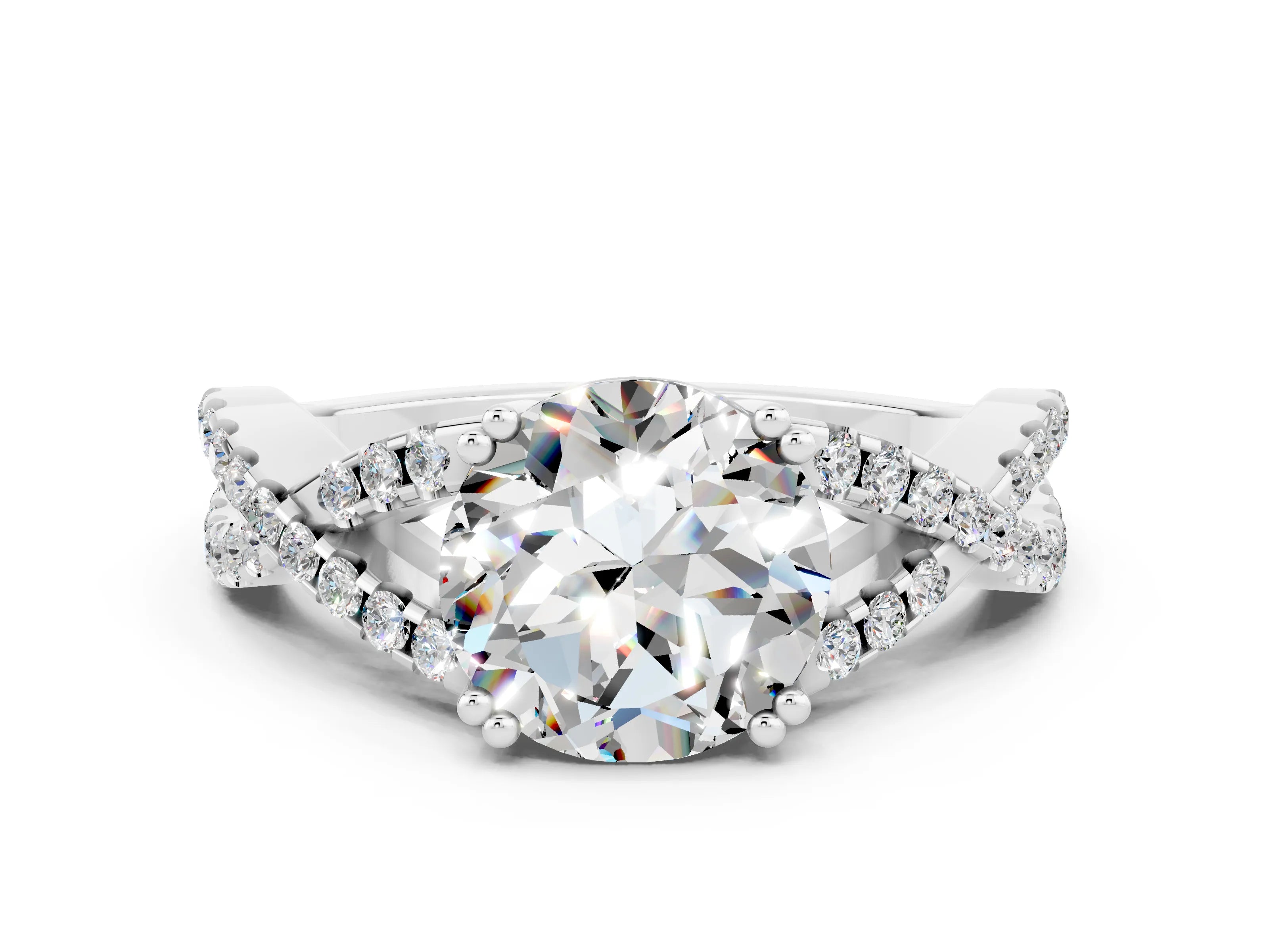 White gold Round Cut Moissanite Solitaire Ring with Four-Prong Setting and Twisted Pavé Band