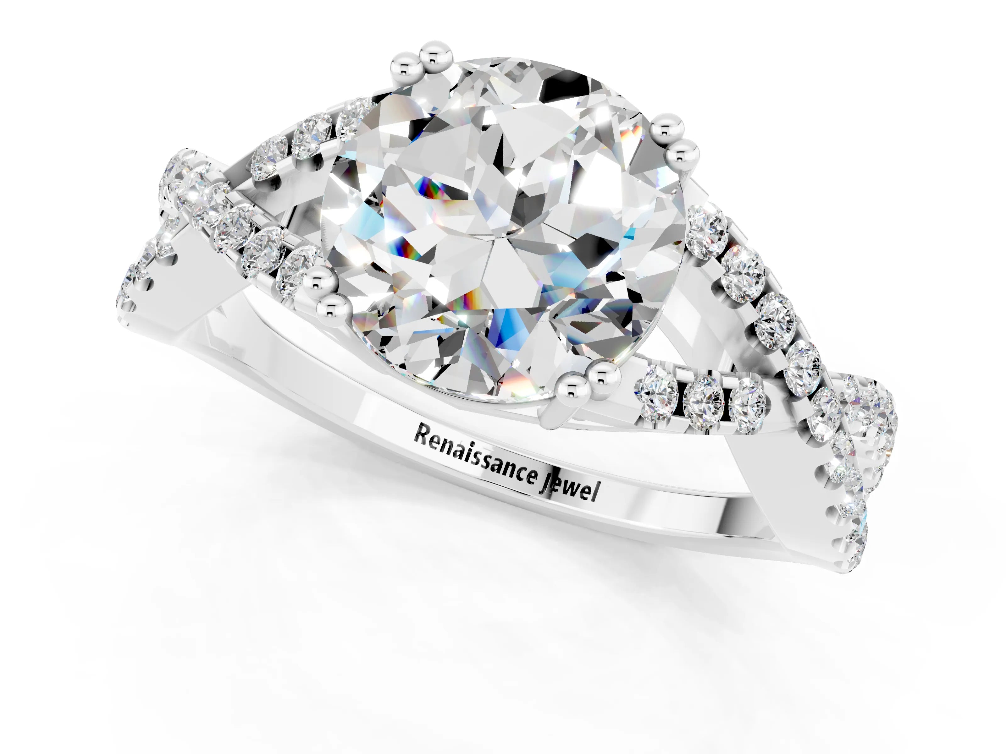 White gold Round Cut Moissanite Solitaire Ring with Four-Prong Setting and Twisted Pavé Band_1