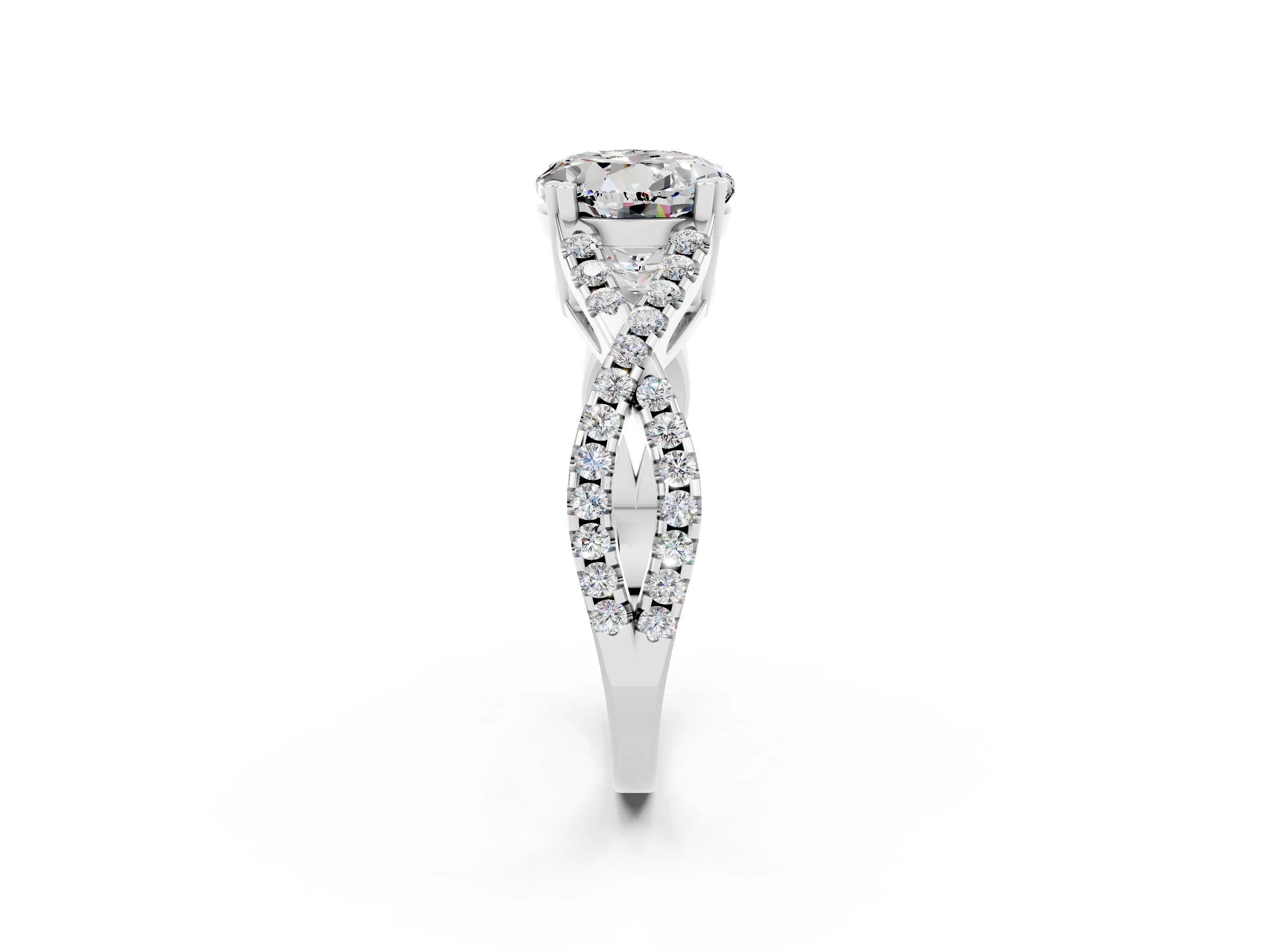 White gold Round Cut Moissanite Solitaire Ring with Four-Prong Setting and Twisted Pavé Band_2