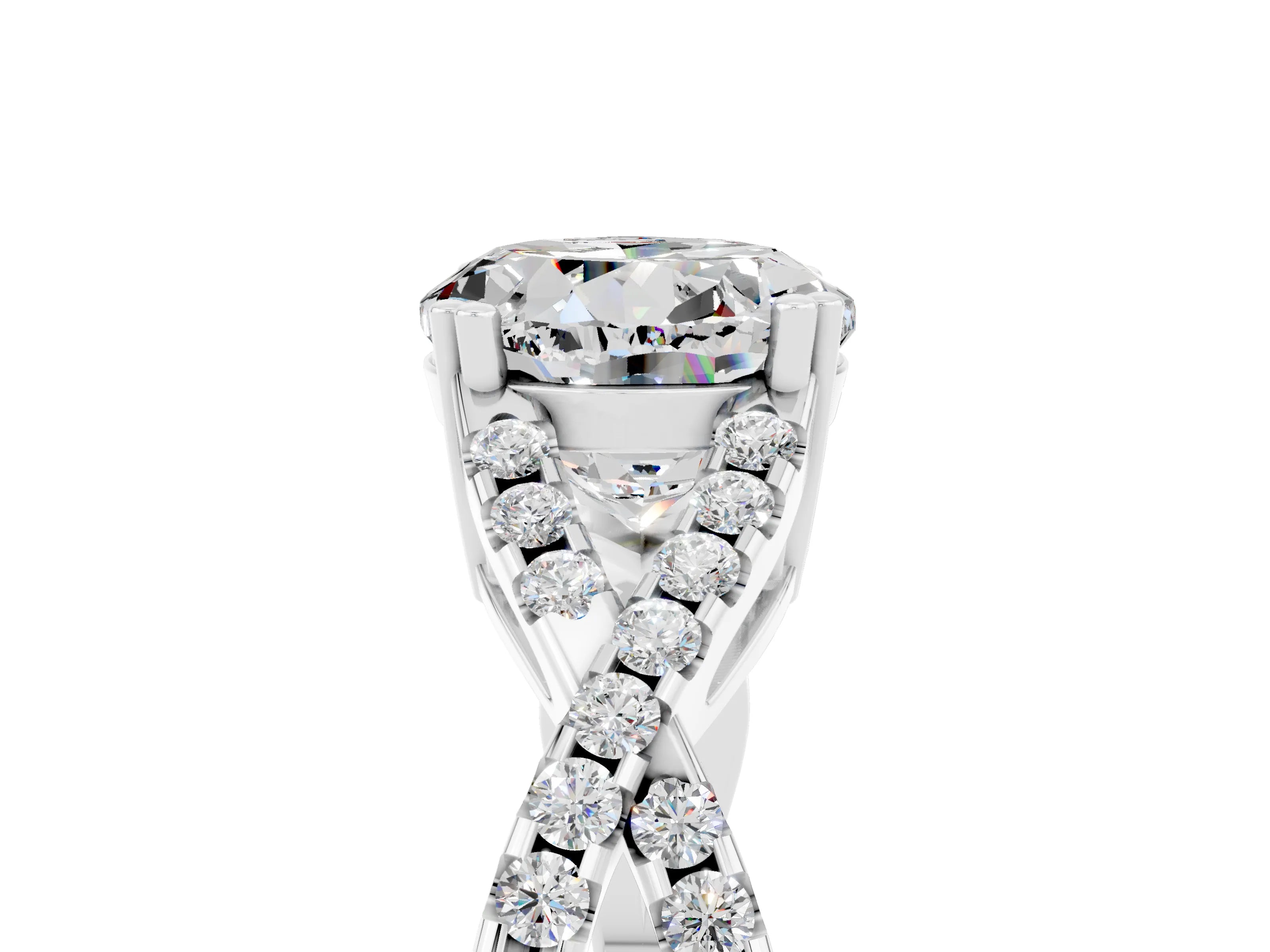 White gold Round Cut Moissanite Solitaire Ring with Four-Prong Setting and Twisted Pavé Band_5