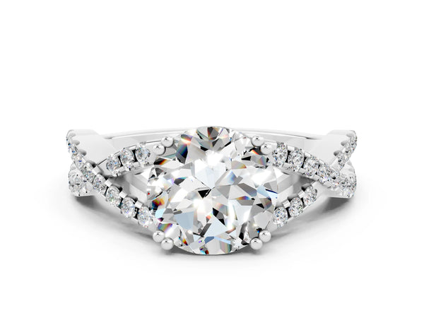 Silver Round Cut Moissanite Solitaire Ring with Four-Prong Setting and Twisted Pavé Band
