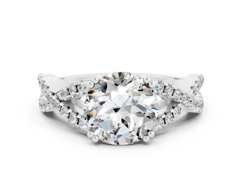 White gold Round Cut Moissanite Solitaire Ring with Four-Prong Setting and Twisted Pavé Band