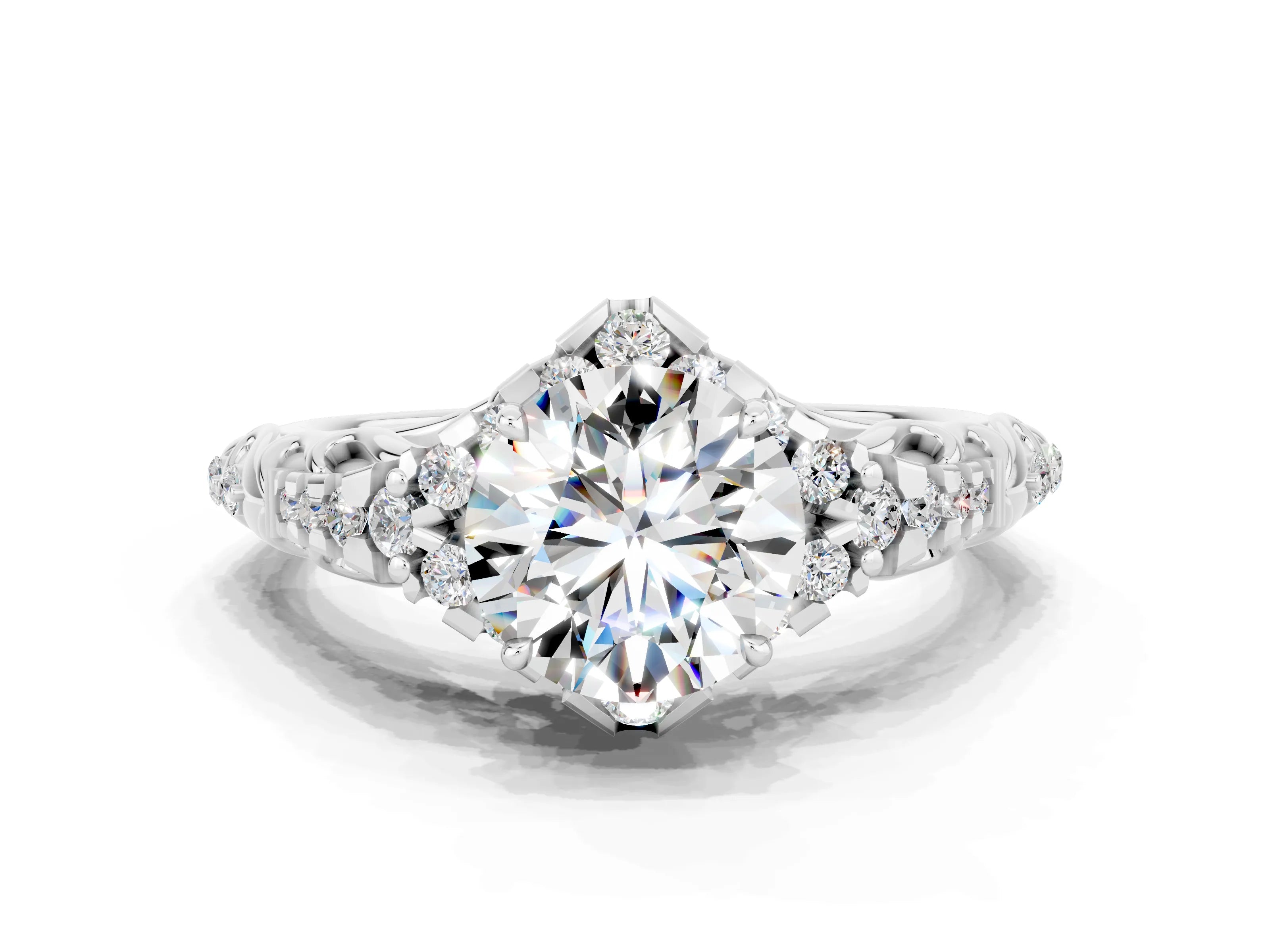 White gold Round Cut Moissanite Solitaire Ring with Hidden Halo and Pavé Band_12