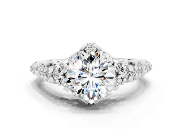 White gold Round Cut Moissanite Solitaire Ring with Hidden Halo and Pavé Band