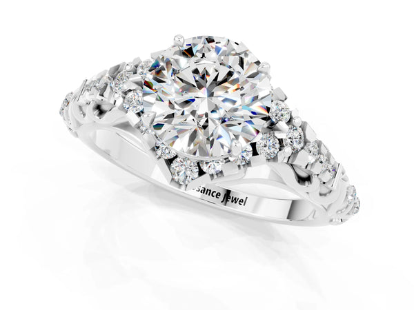 White gold Round Cut Moissanite Solitaire Ring with Hidden Halo and Pavé Band