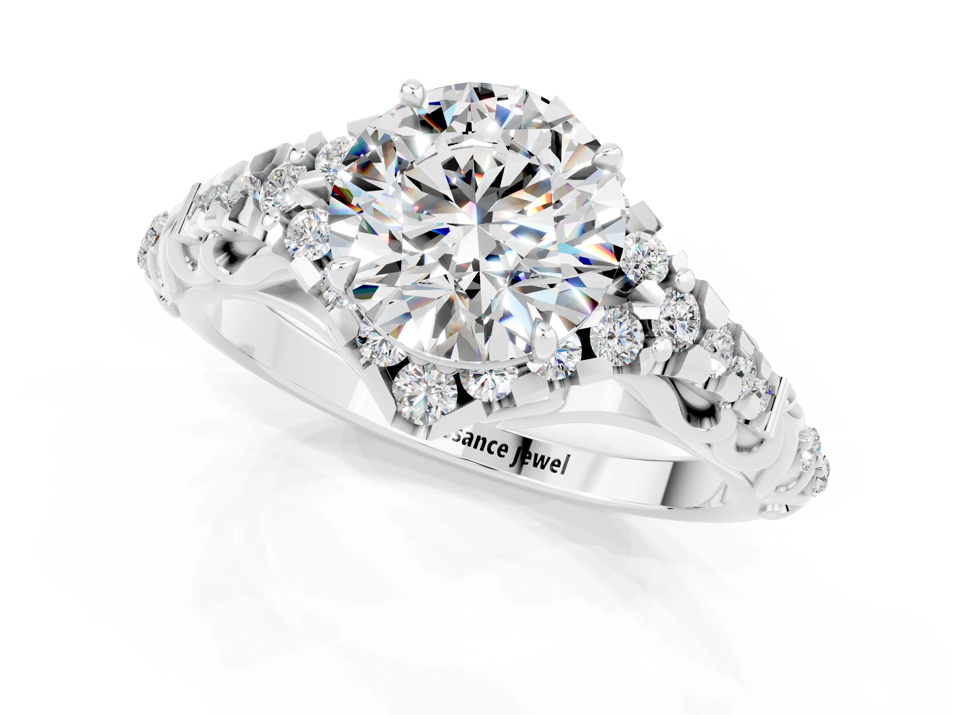 White gold Round Cut Moissanite Solitaire Ring with Hidden Halo and Pavé Band_13