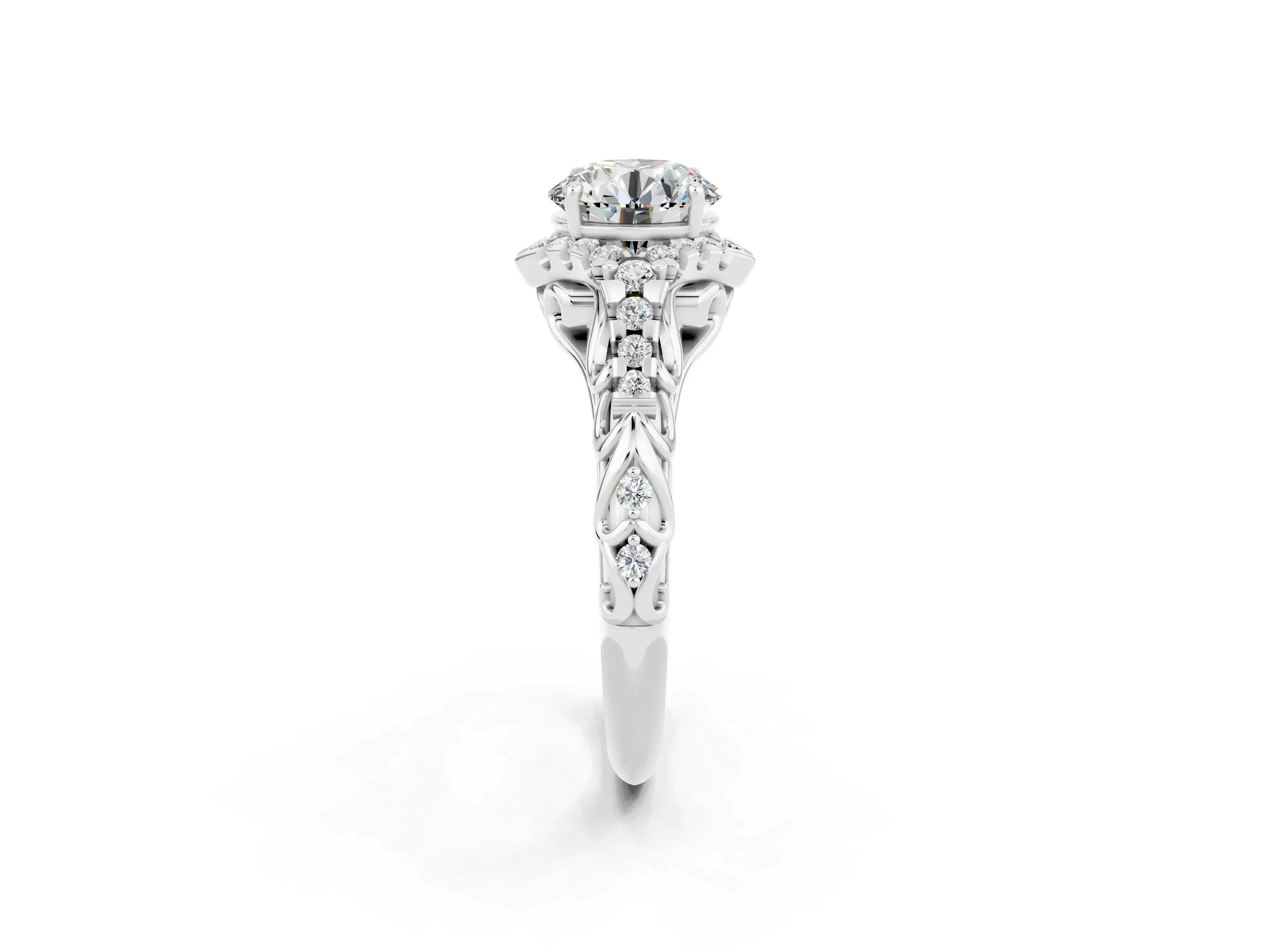 White gold Round Cut Moissanite Solitaire Ring with Hidden Halo and Pavé Band_14