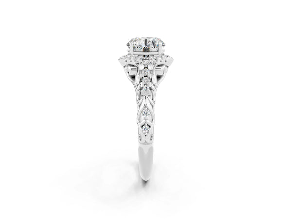 Platinum Round Cut Moissanite Solitaire Ring with Hidden Halo and Pavé Band