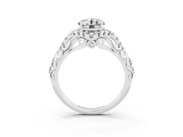 Silver Round Cut Moissanite Solitaire Ring with Hidden Halo and Pavé Band