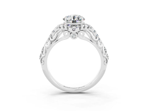 White gold Round Cut Moissanite Solitaire Ring with Hidden Halo and Pavé Band_15