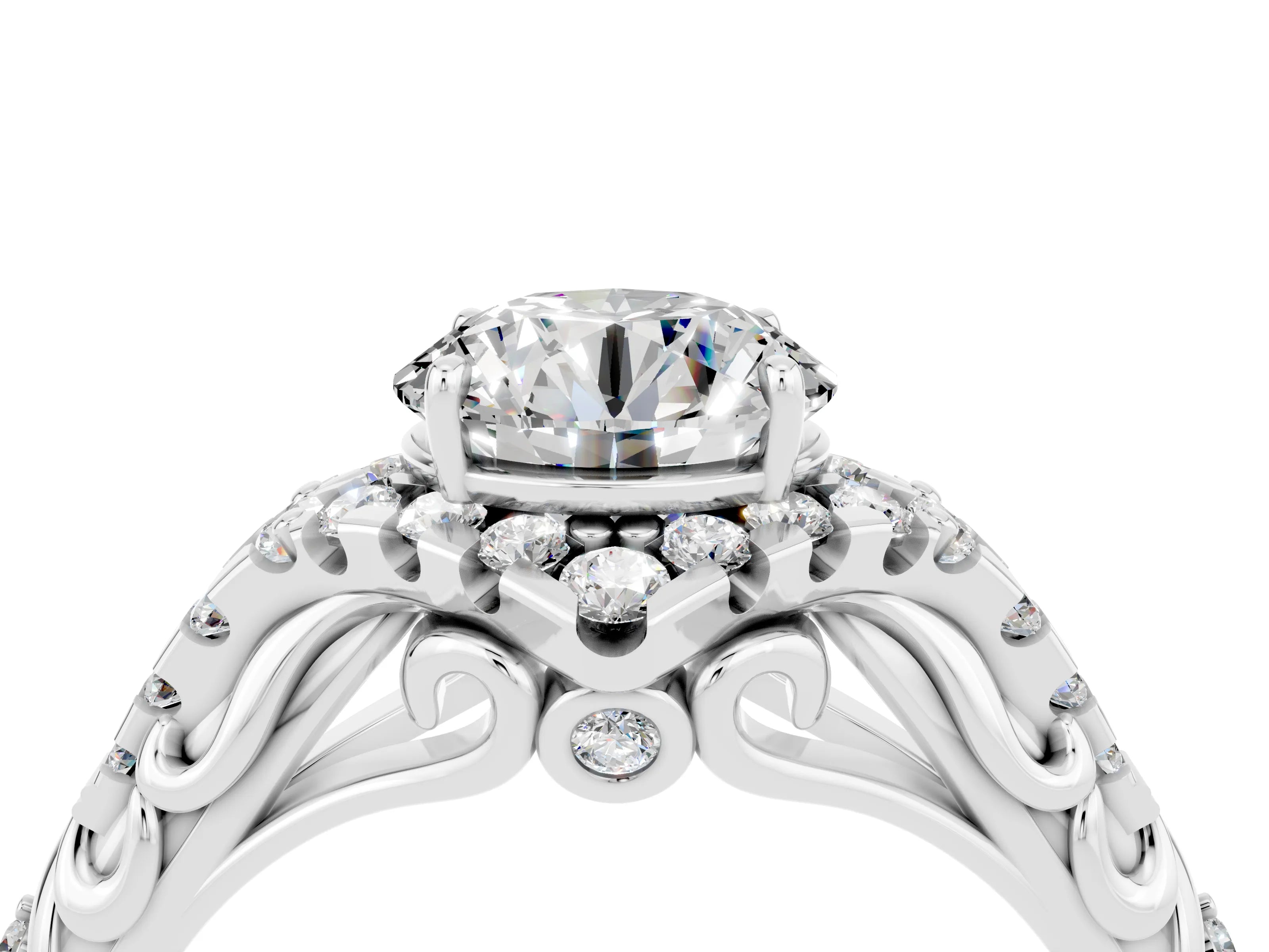 White gold Round Cut Moissanite Solitaire Ring with Hidden Halo and Pavé Band_16