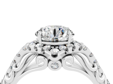 White gold Round Cut Moissanite Solitaire Ring with Hidden Halo and Pavé Band_16