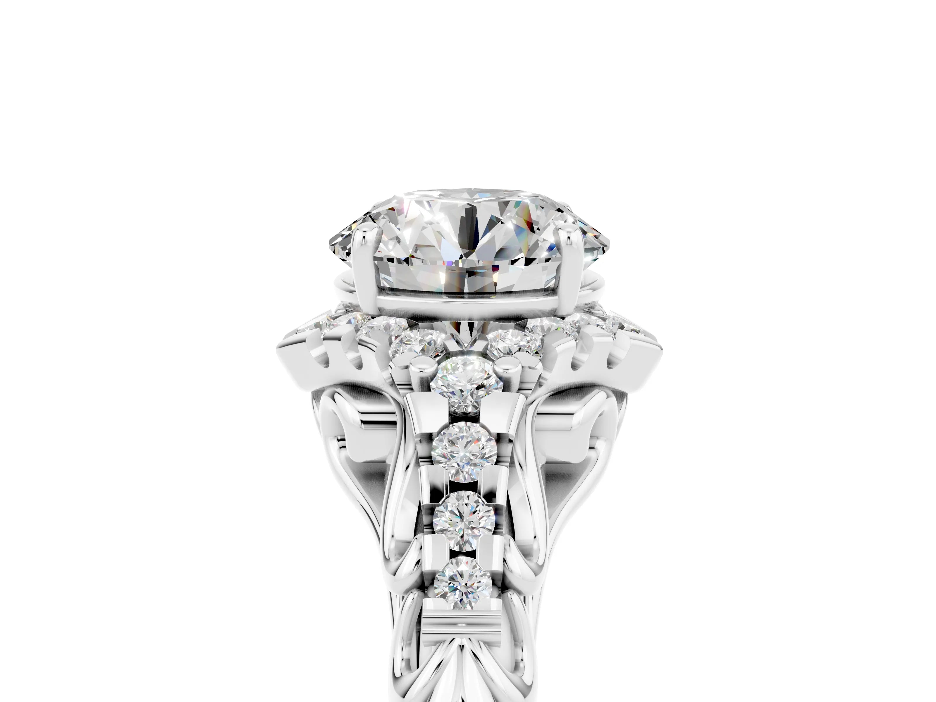 White gold Round Cut Moissanite Solitaire Ring with Hidden Halo and Pavé Band_17