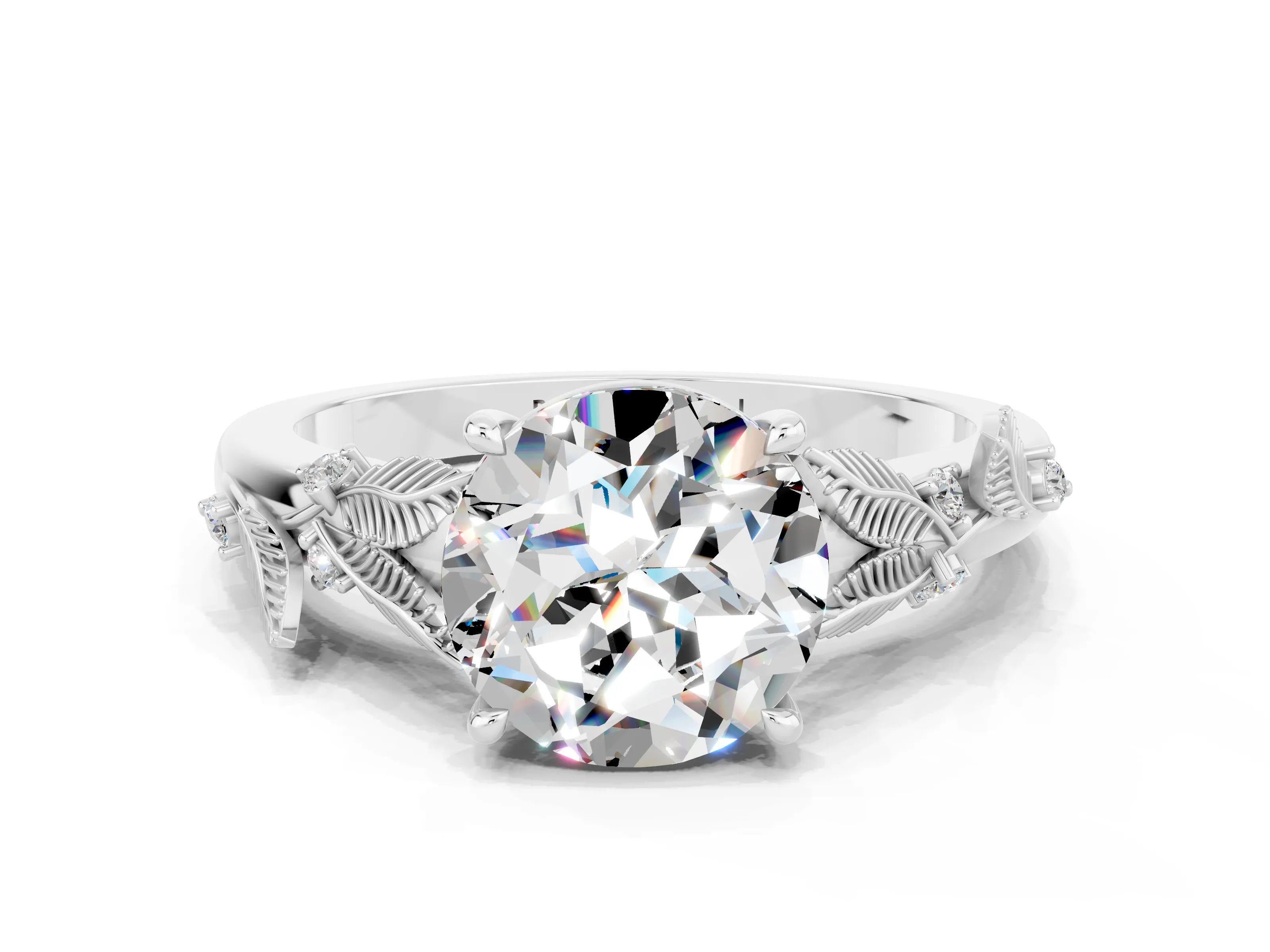 White gold Round Cut Moissanite Solitaire Ring with Leaf Motif Band and Four-Prong Setting_12