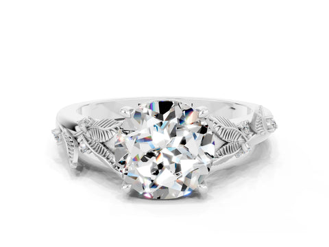 White gold Round Cut Moissanite Solitaire Ring with Leaf Motif Band and Four-Prong Setting_12