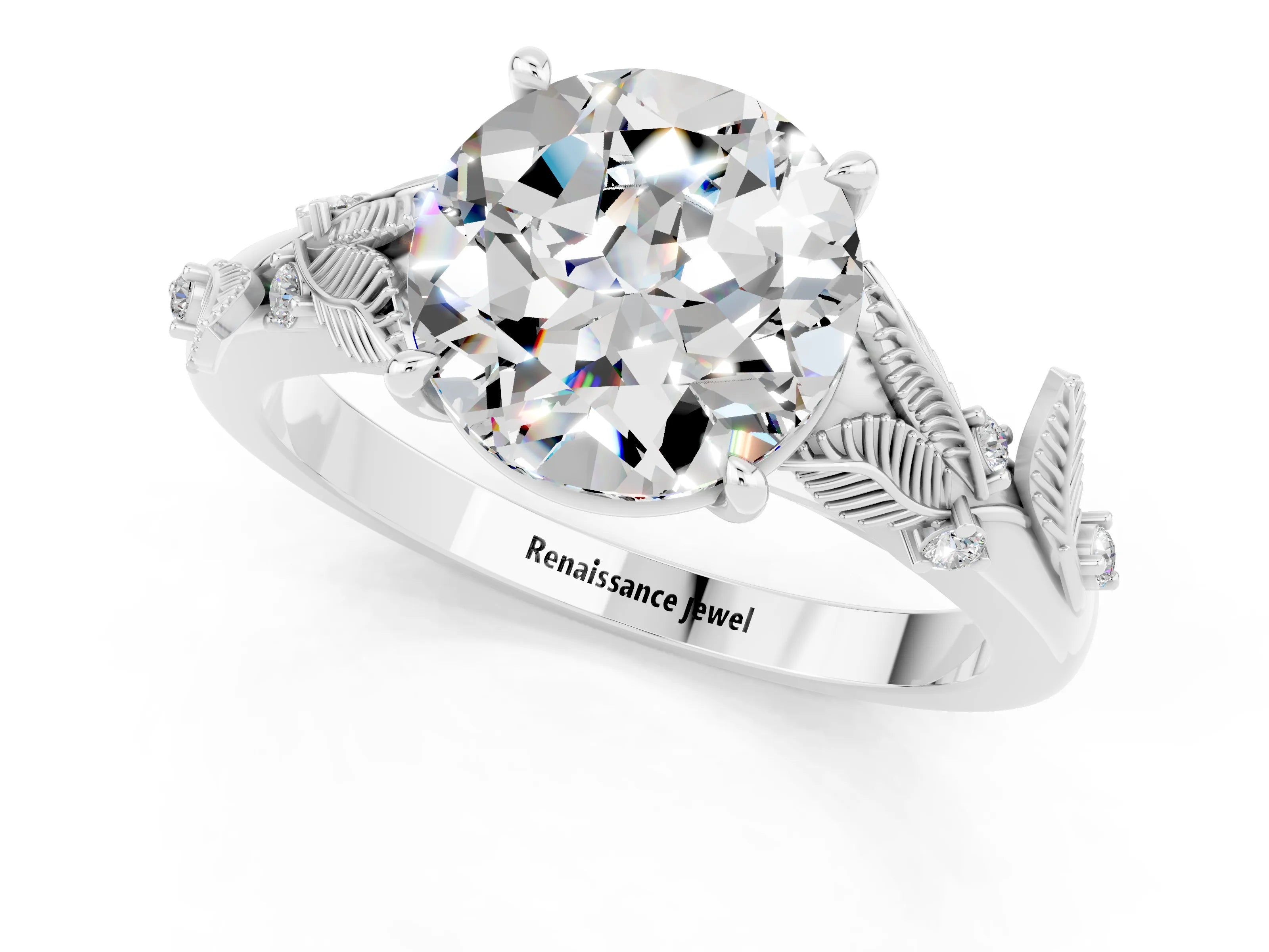 White gold Round Cut Moissanite Solitaire Ring with Leaf Motif Band and Four-Prong Setting_13