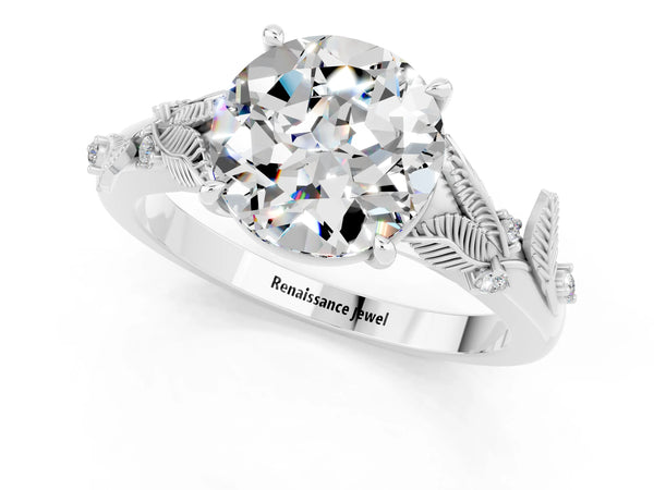 White gold Round Cut Moissanite Solitaire Ring with Leaf Motif Band and Four-Prong Setting