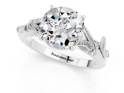 White gold Round Cut Moissanite Solitaire Ring with Leaf Motif Band and Four-Prong Setting_13