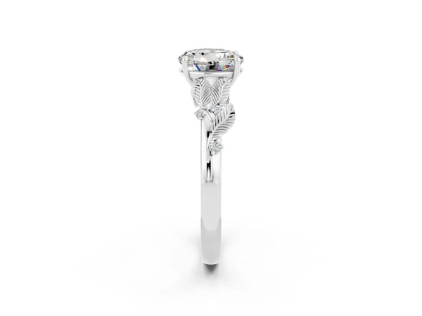 White gold Round Cut Moissanite Solitaire Ring with Leaf Motif Band and Four-Prong Setting