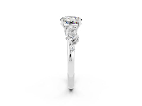 White gold Round Cut Moissanite Solitaire Ring with Leaf Motif Band and Four-Prong Setting_14