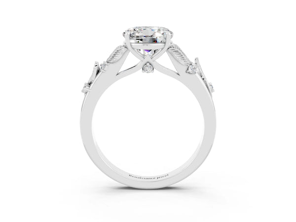 White gold Round Cut Moissanite Solitaire Ring with Leaf Motif Band and Four-Prong Setting