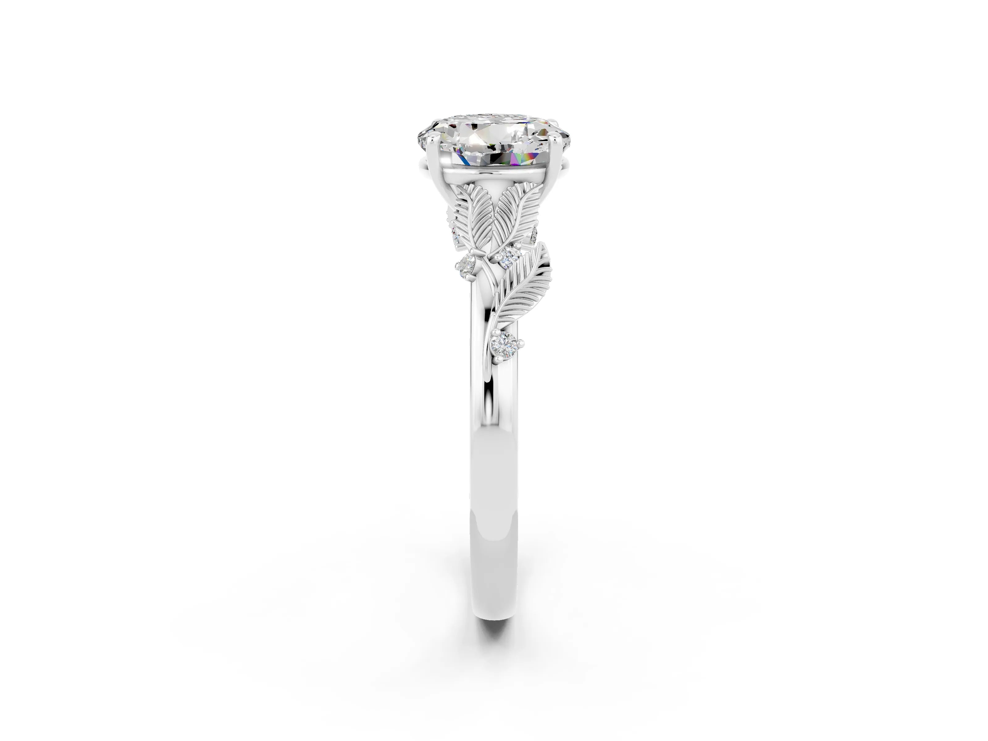 White gold Round Cut Moissanite Solitaire Ring with Leaf Motif Band and Four-Prong Setting_2