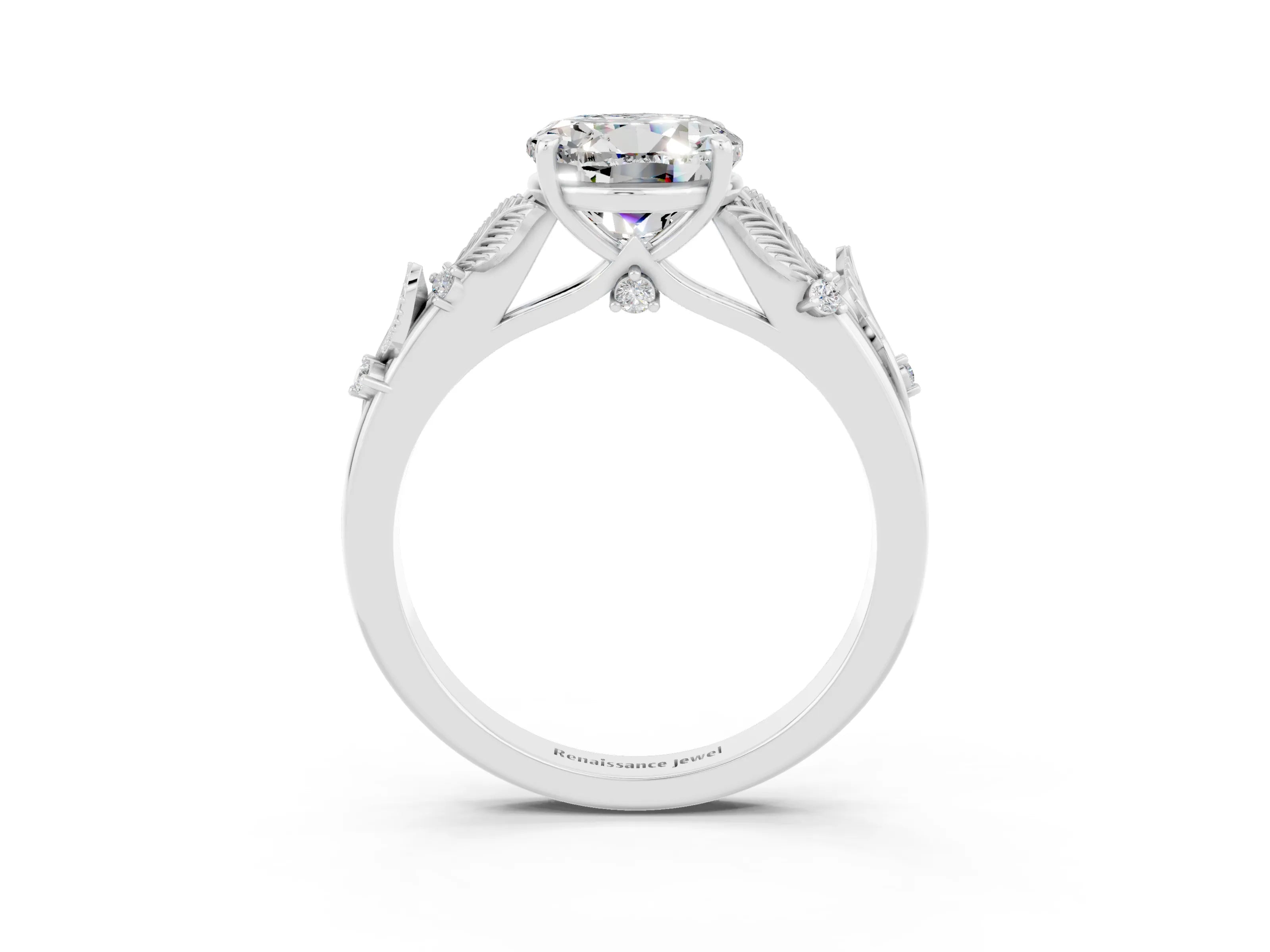 White gold Round Cut Moissanite Solitaire Ring with Leaf Motif Band and Four-Prong Setting_3