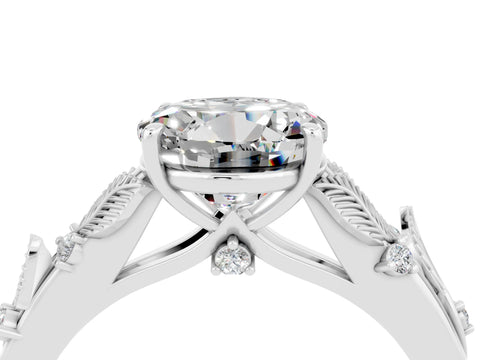 White gold Round Cut Moissanite Solitaire Ring with Leaf Motif Band and Four-Prong Setting_4