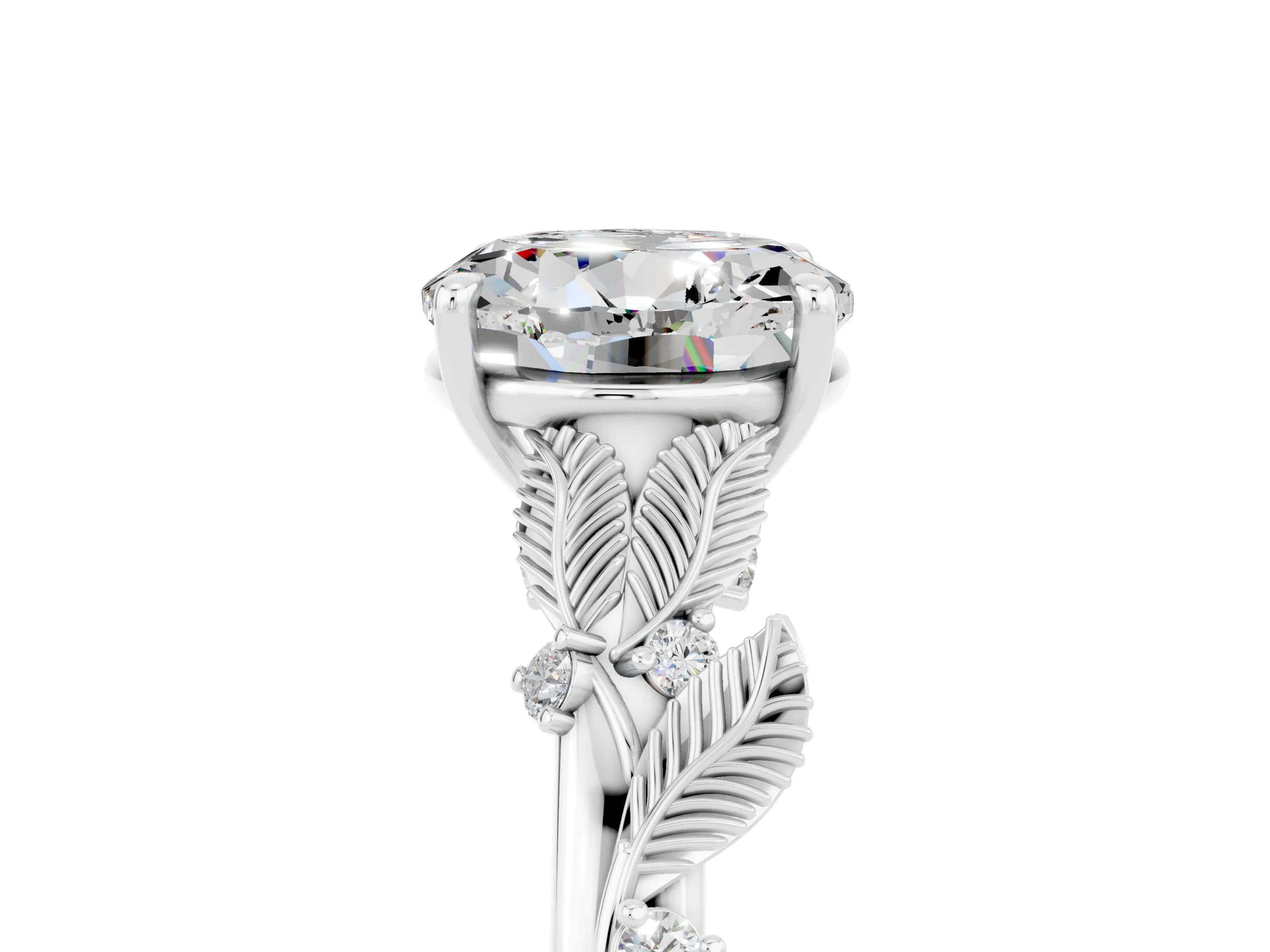 White gold Round Cut Moissanite Solitaire Ring with Leaf Motif Band and Four-Prong Setting_5