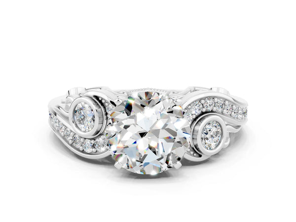 Platinum Round Cut Moissanite Solitaire Ring with Milgrain Pavé Band and Four-Prong Setting