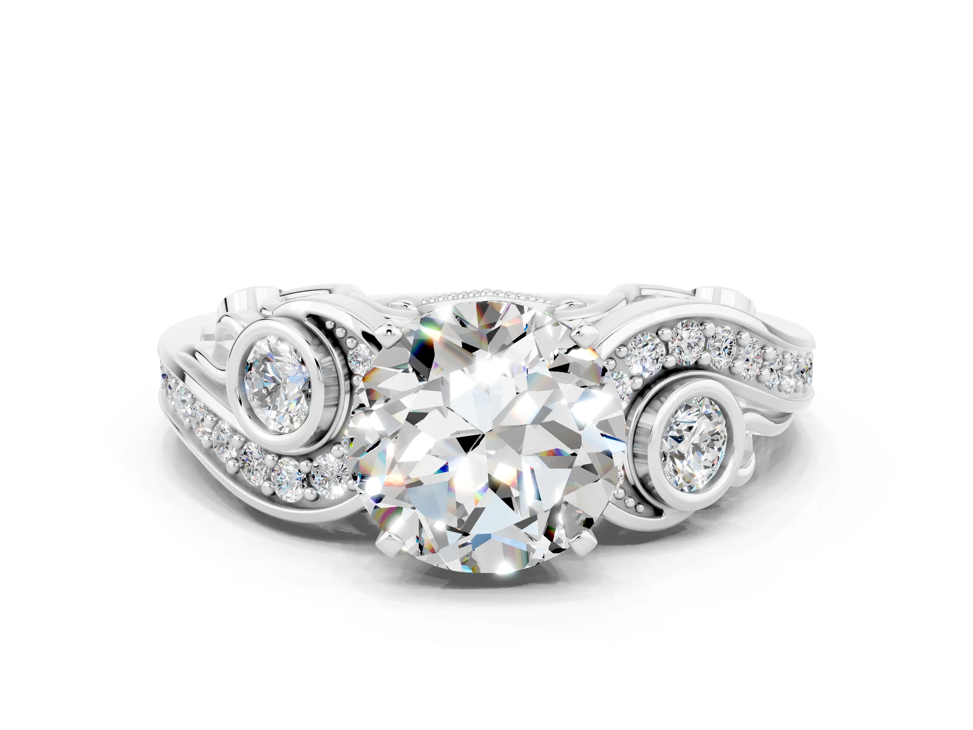 White gold Round Cut Moissanite Solitaire Ring with Milgrain Pavé Band and Four-Prong Setting_12