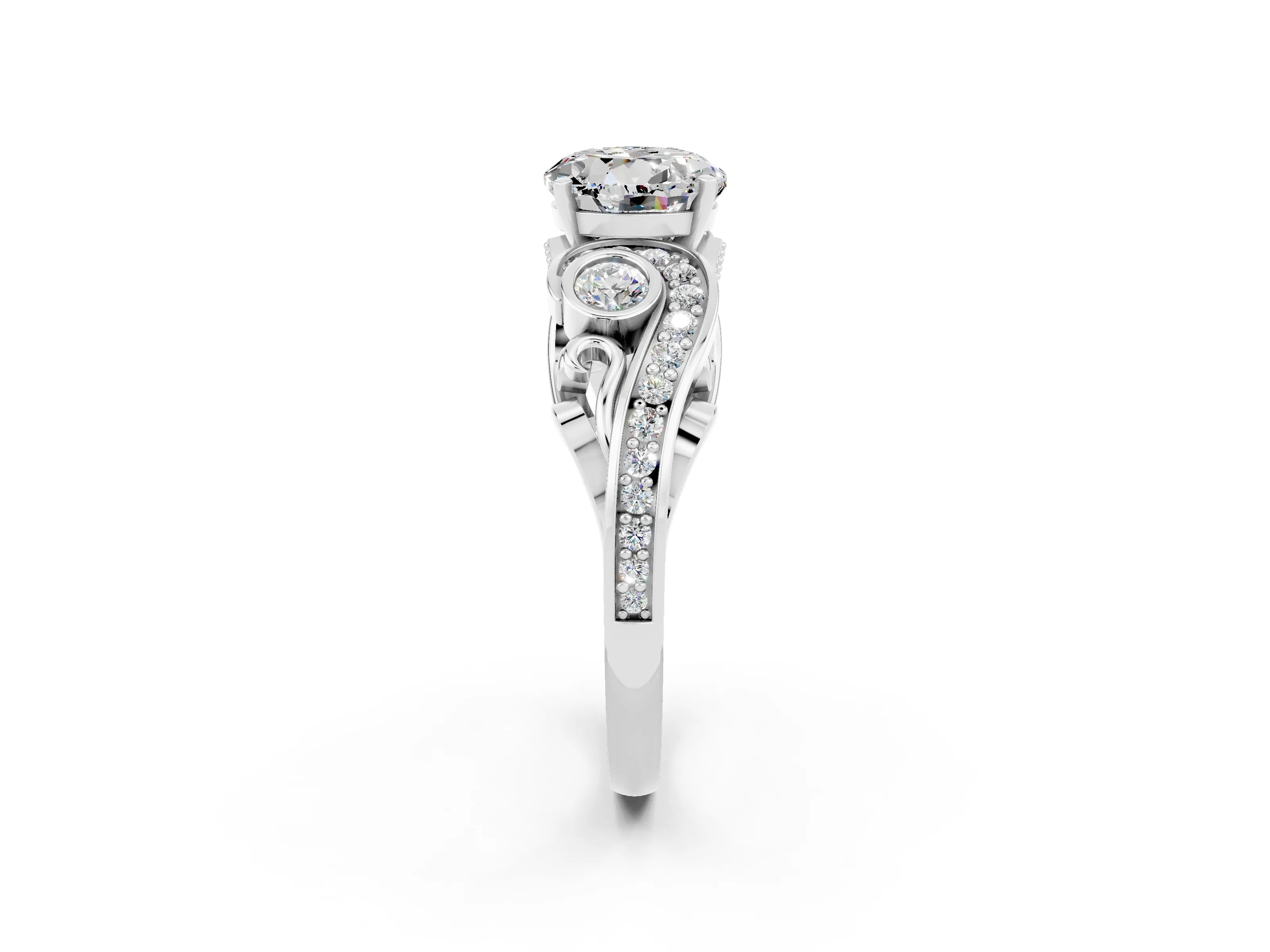 White gold Round Cut Moissanite Solitaire Ring with Milgrain Pavé Band and Four-Prong Setting_14