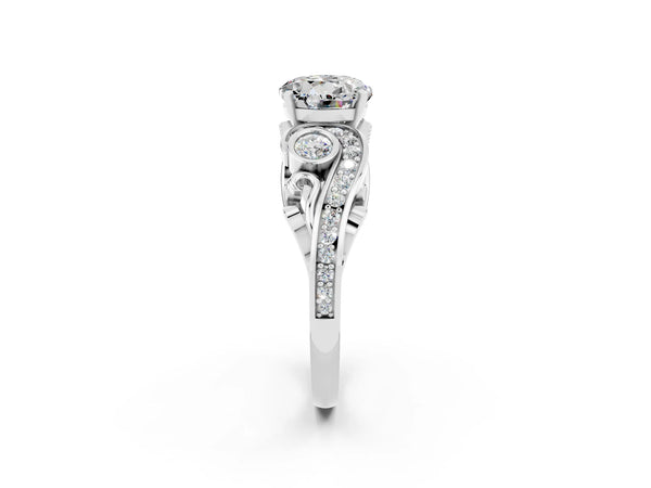 Silver Round Cut Moissanite Solitaire Ring with Milgrain Pavé Band and Four-Prong Setting