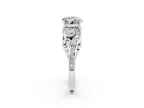 White gold Round Cut Moissanite Solitaire Ring with Milgrain Pavé Band and Four-Prong Setting_14